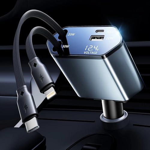 Retractable Cord Car Charger Compatible With Apple and Android USB-C Or Lightning Cable